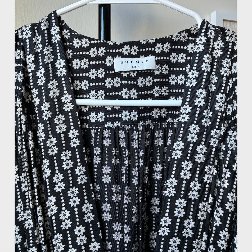 Sandro Black and White Floral Belted Maxi Wrap Dress - Size EU 36 - Picture 5 of 12